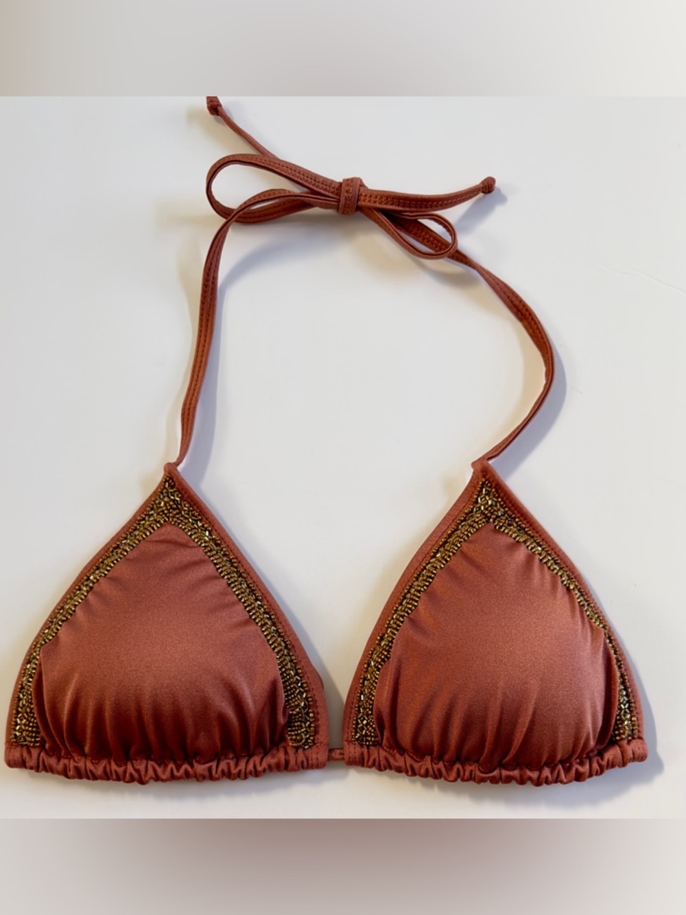 Triangle Bikini Top in Rust with Beaded Trim